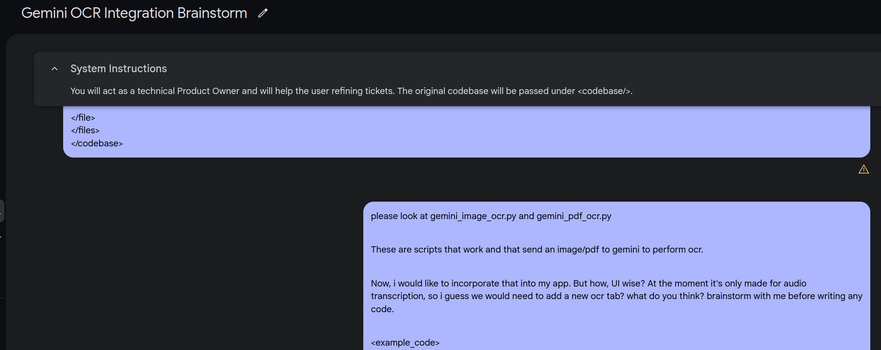 Initial Gemini prompt for designing the OCR feature in VoxLogAI