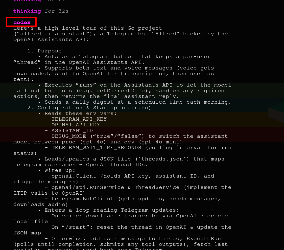 OpenAI Codex CLI detailed 9-point Go project breakdown