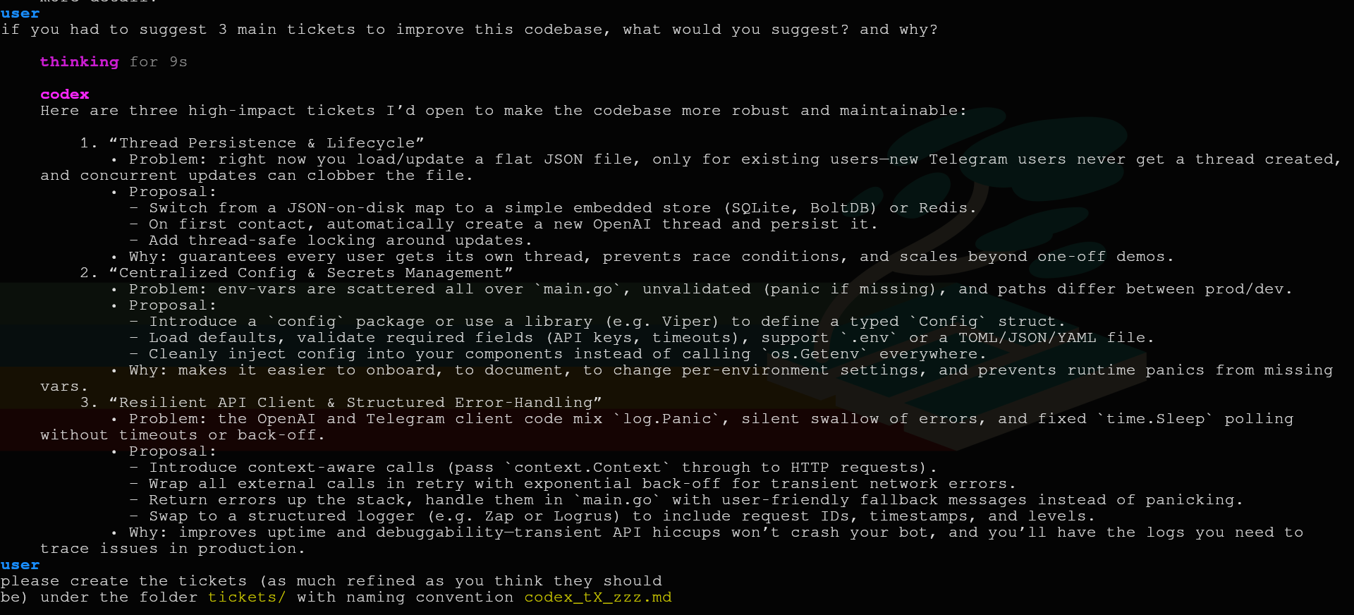 OpenAI Codex CLI ticket suggestions: Persistence, Config, API Client