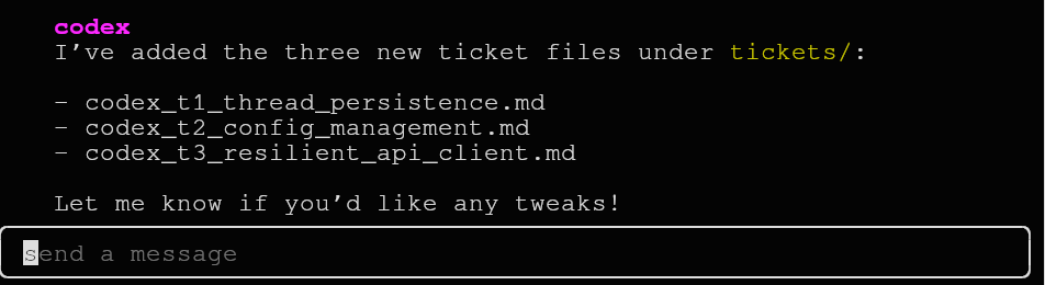 Folder tree showing three new markdown ticket files created by Codex