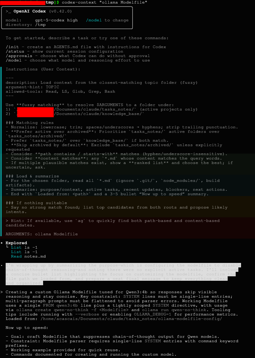 Codex CLI helper loads context and summarizes with actionable bullets.
