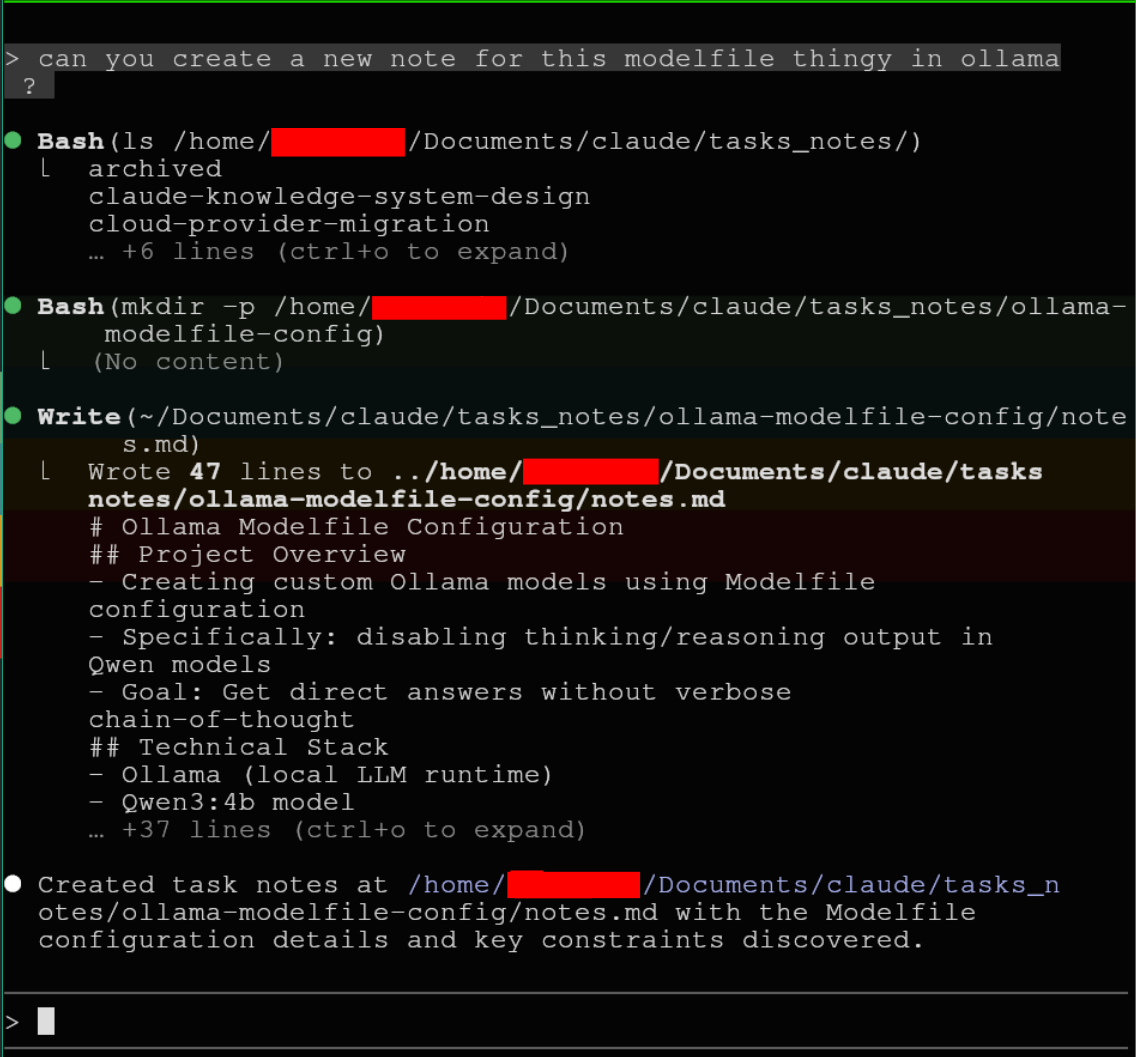 Creating a new task note; Claude writes notes.md under the topic folder.
