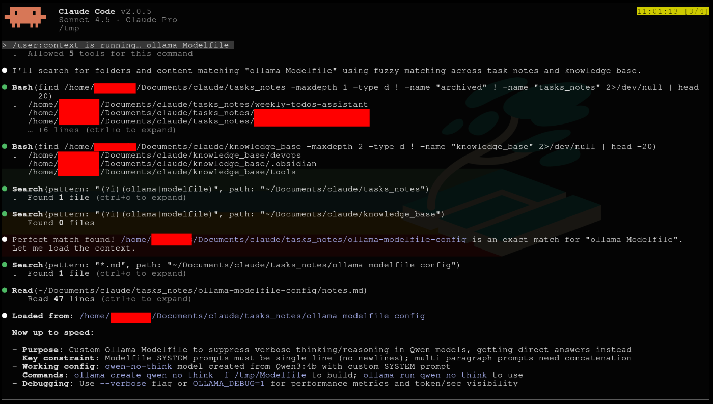 /user:context loads matched notes and summarizes key points.