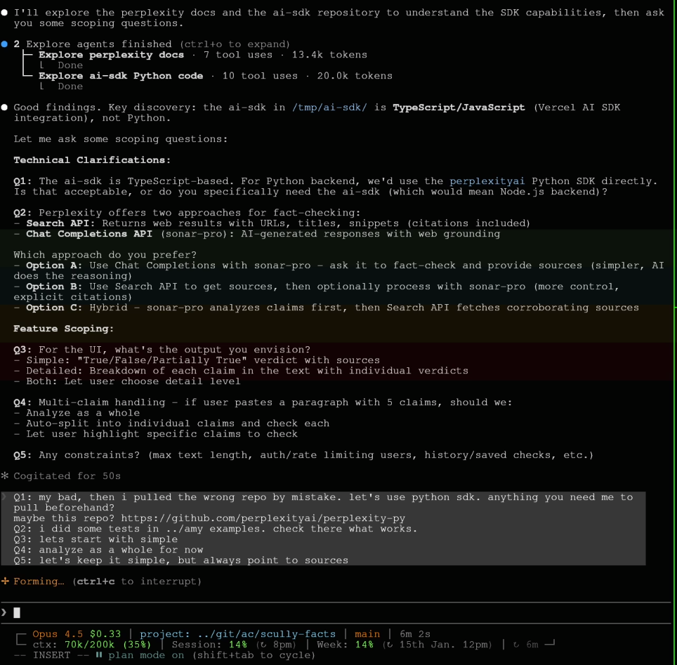 Claude Code asking scoping questions about the fact-checker app