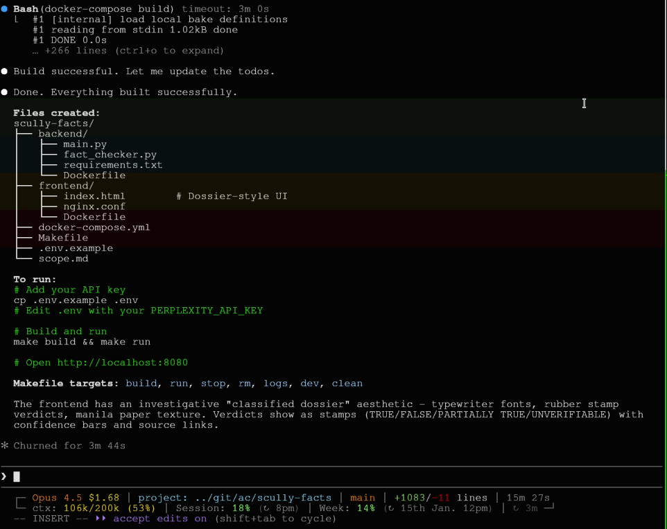 Claude Code terminal showing successful build completion