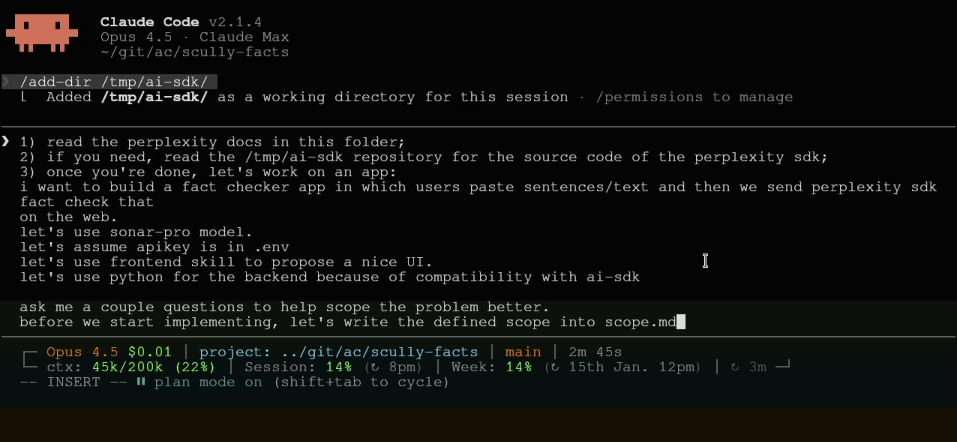 Claude Code terminal showing initial prompt with numbered steps and /add-dir command