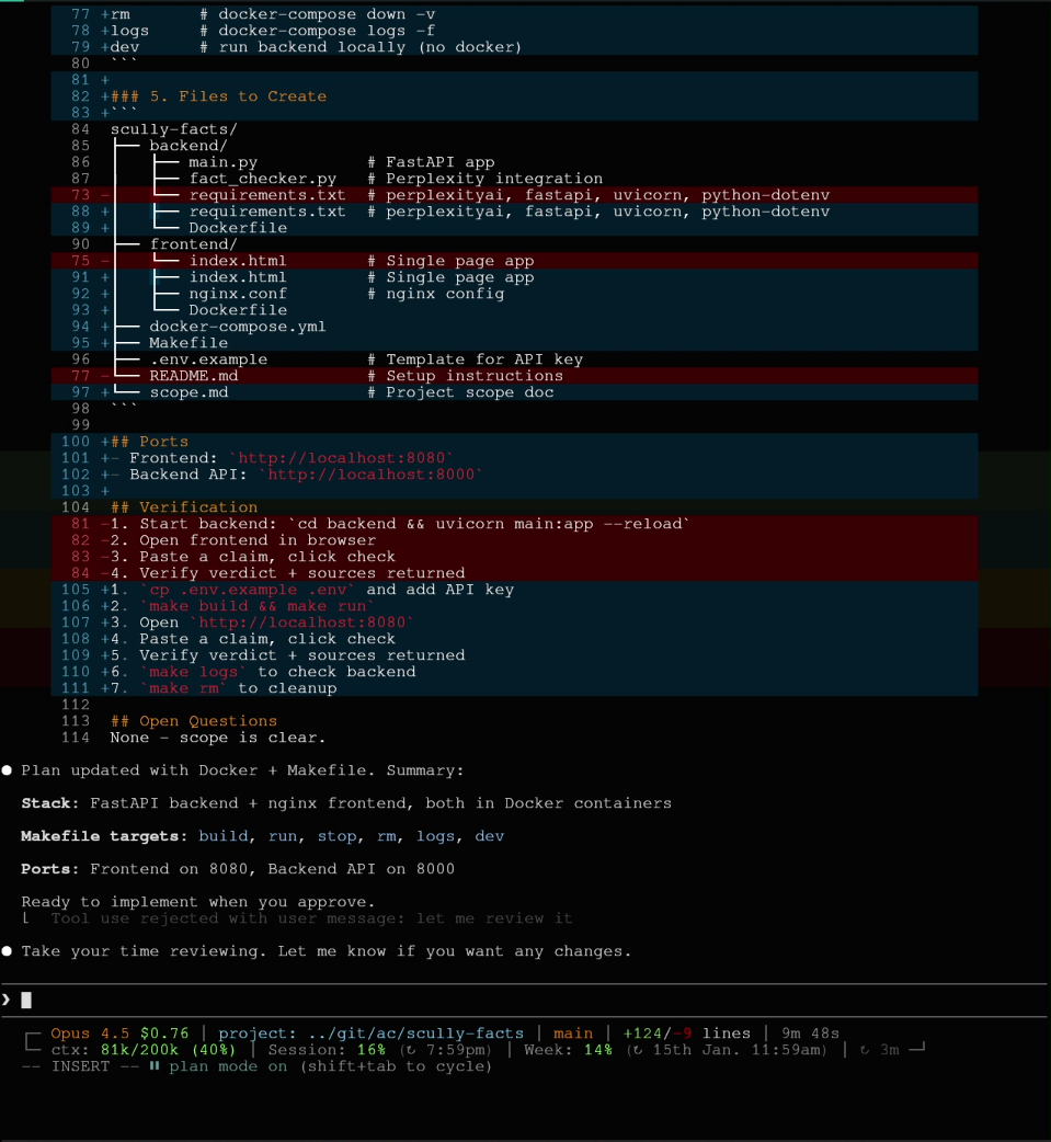 Claude Code plan output showing implementation steps
