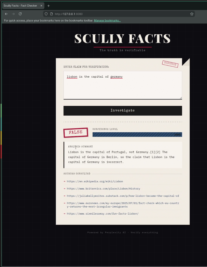 Scully Facts app running in browser with fact-check result