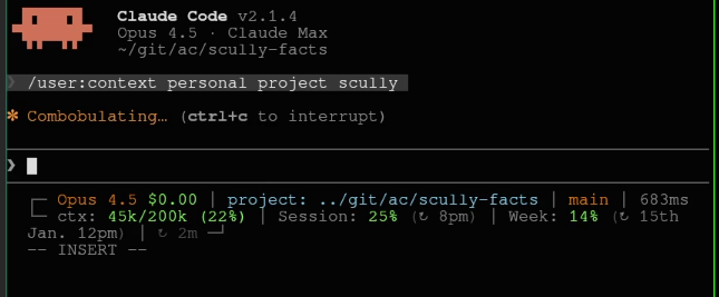 Claude Code running /user:context to load previous notes