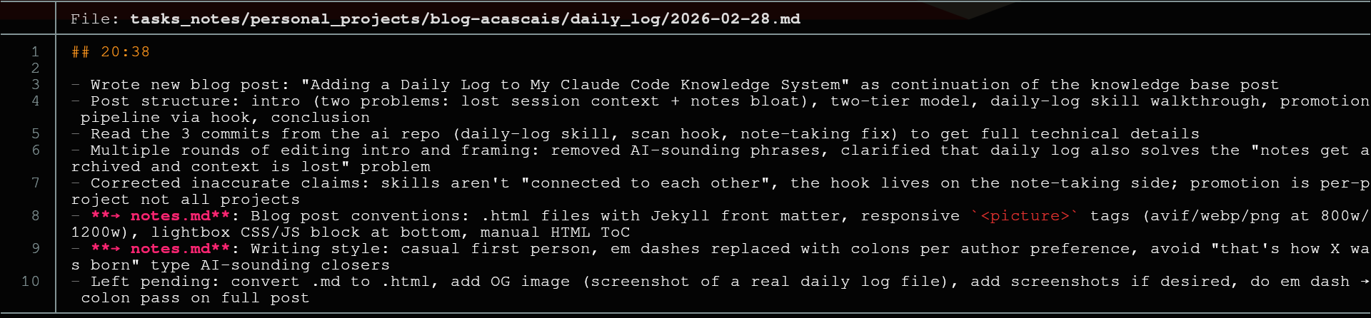 Daily log example showing session summary with promotion flags